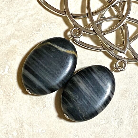 2/$20, Genuine Black Banded Agate Celtic Trinity Sterling Silver Dangle Earrings - Picture 4 of 10